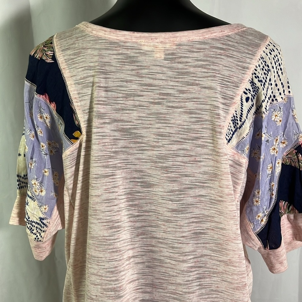 Kori Pink Space Dyed Patchwork Split Neck Oversized Short Sleeve Top - Picture 9 of 16